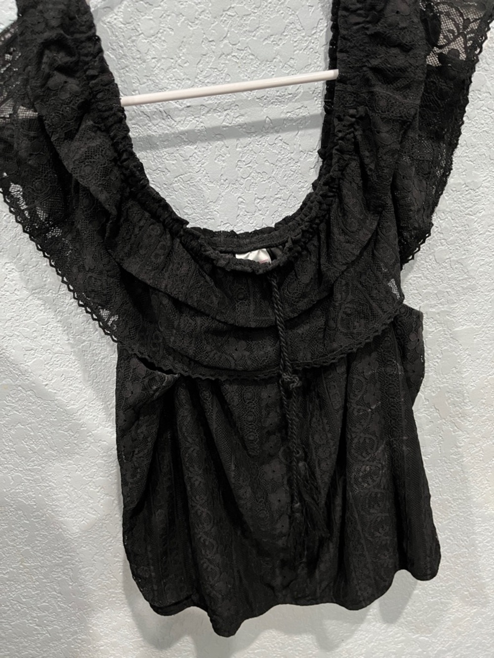 No Boundaries Off Shoulder Black Lace Ruffle Tie Neck Blouse